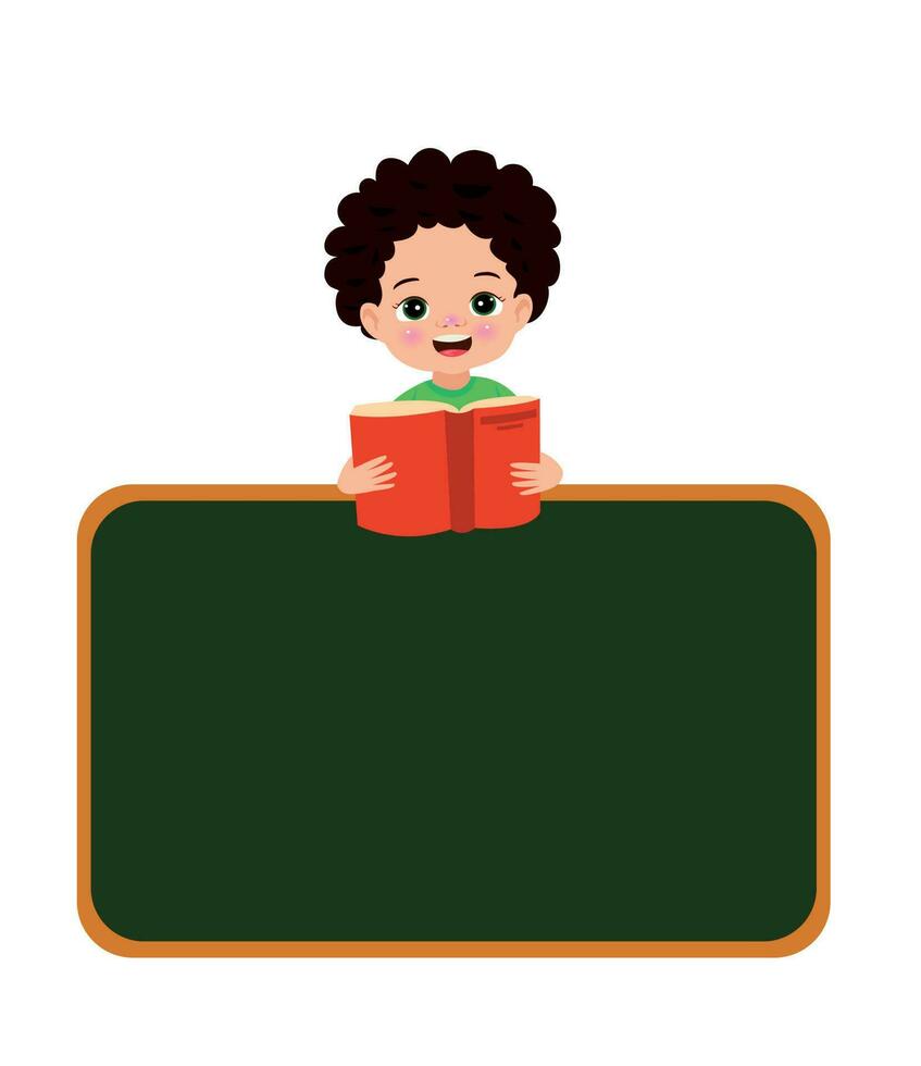 cartone animato ragazzo lettura un' libro su il tavola. vettore