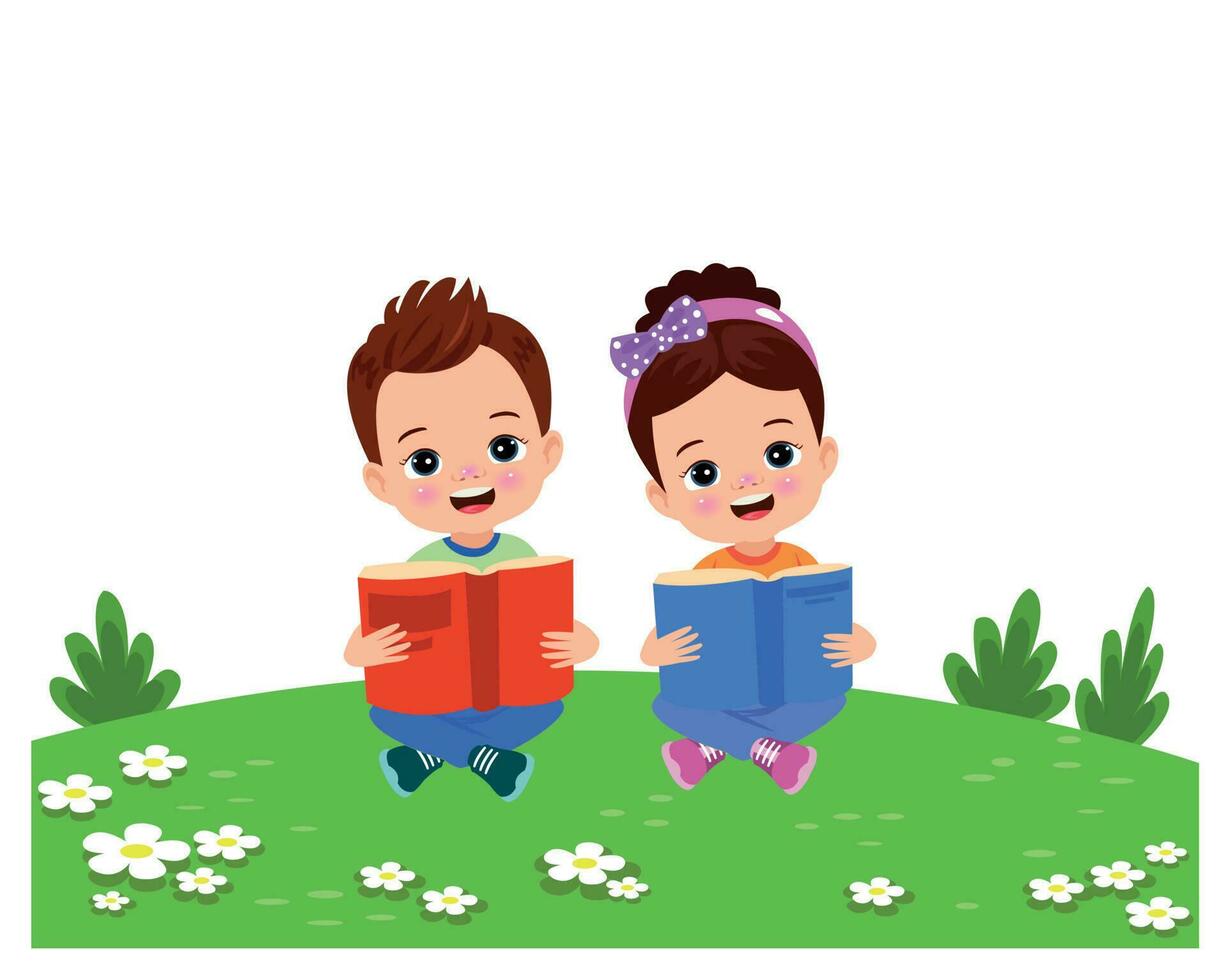 ragazzo e ragazza lettura libri su il erba. vettore