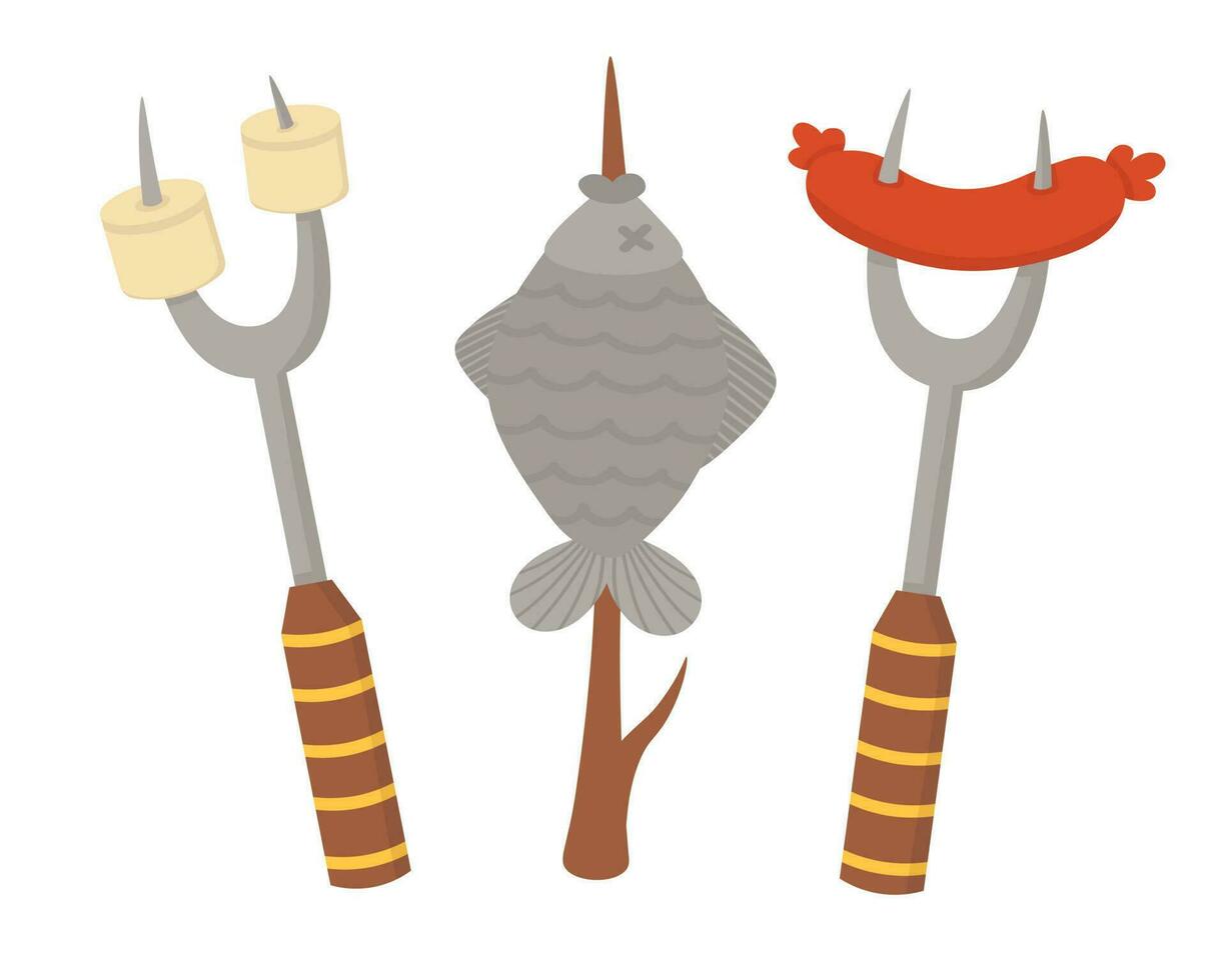 scarabocchio piatto clipart. impostato per frittura salsicce, pesce e marshmallows su un' fuoco. tutti oggetti siamo ridipinto. vettore