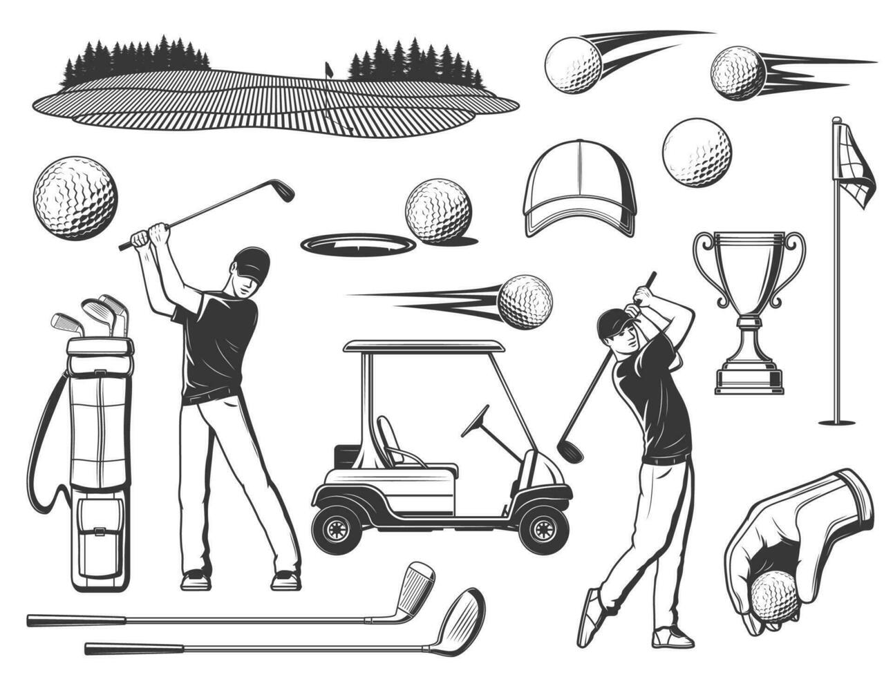 giocatore con club, golf sport vettore elementi impostato