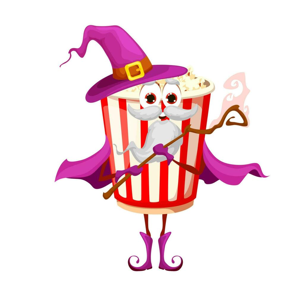 cartone animato Popcorn procedura guidata personaggio con scettro vettore