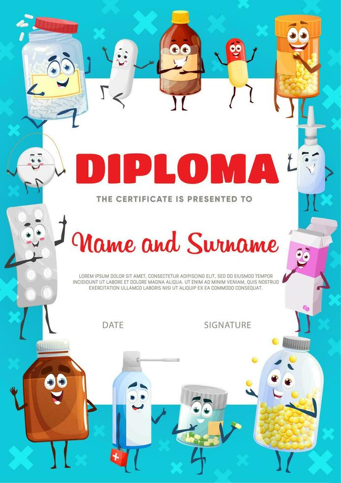 diploma certificato contento cartone animato medicina pillole vettore