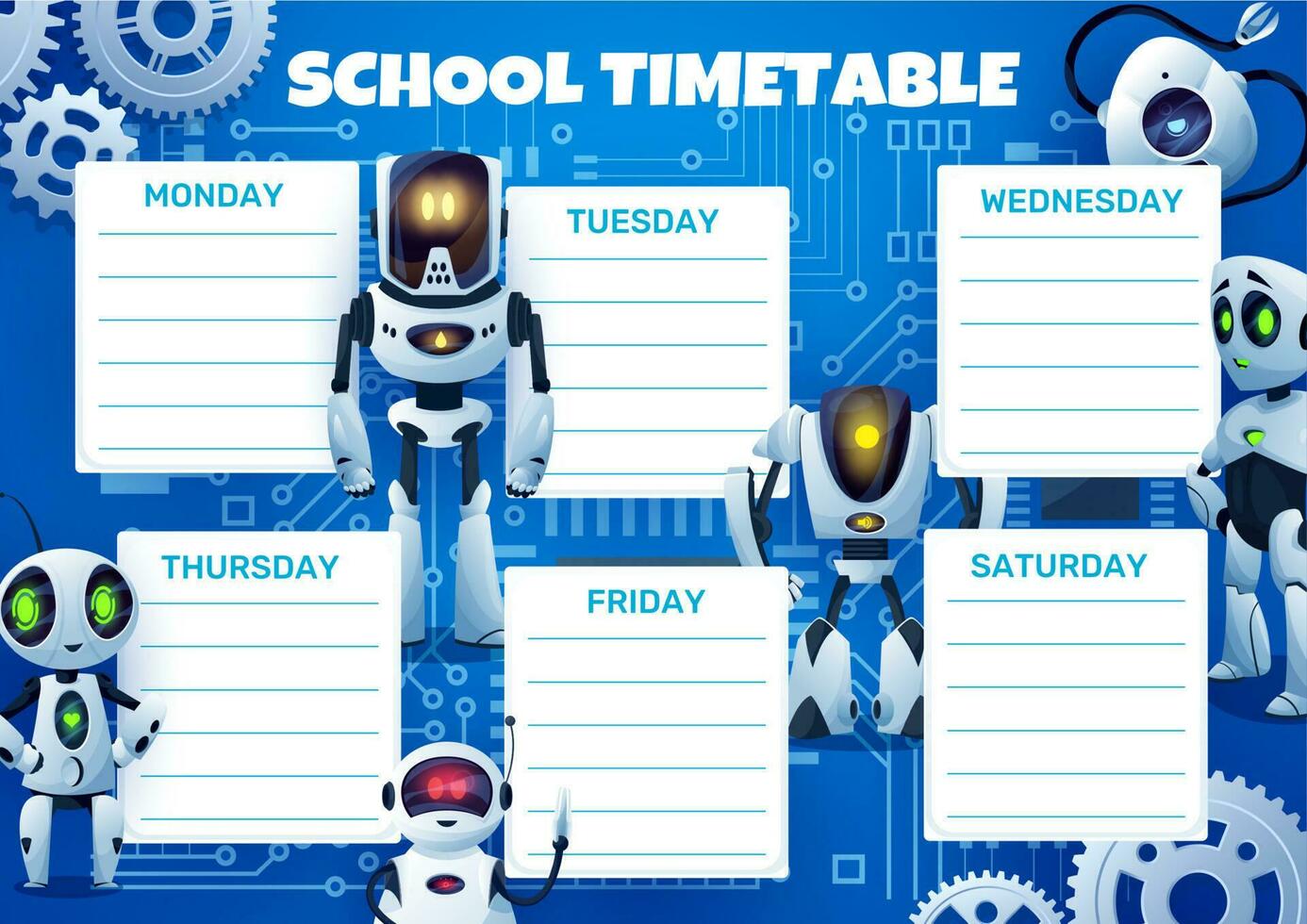 scuola orario con cartone animato robot e ingranaggi vettore
