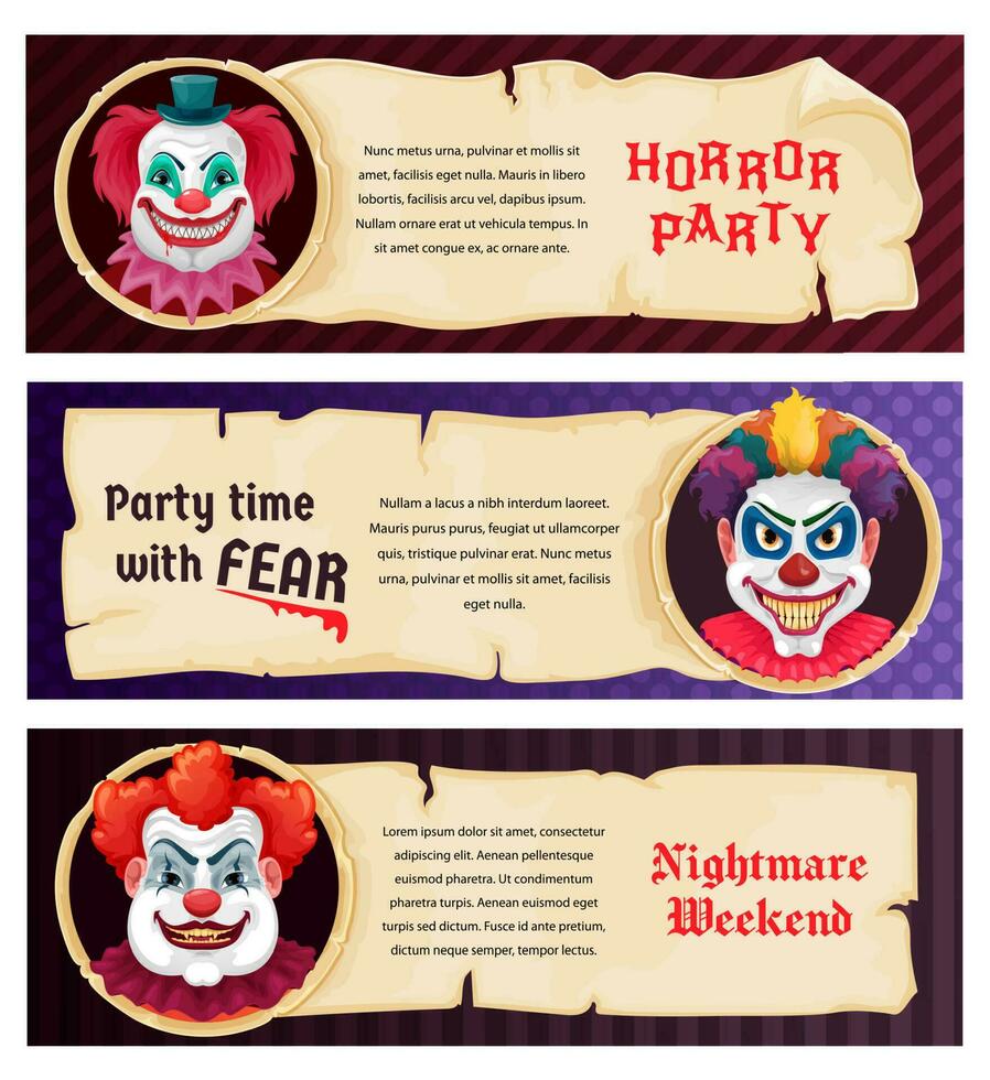 orrore festa clown, Halloween notte paura banner vettore