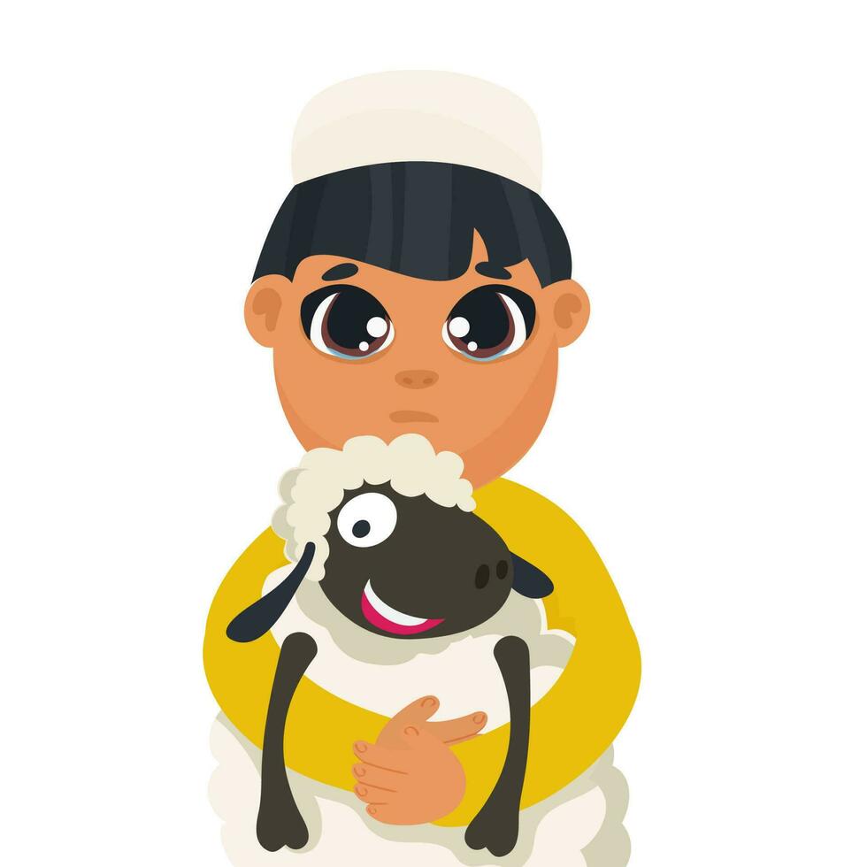 cartone animato islamico ragazzo Tenere pecora su bianca sfondo. vettore