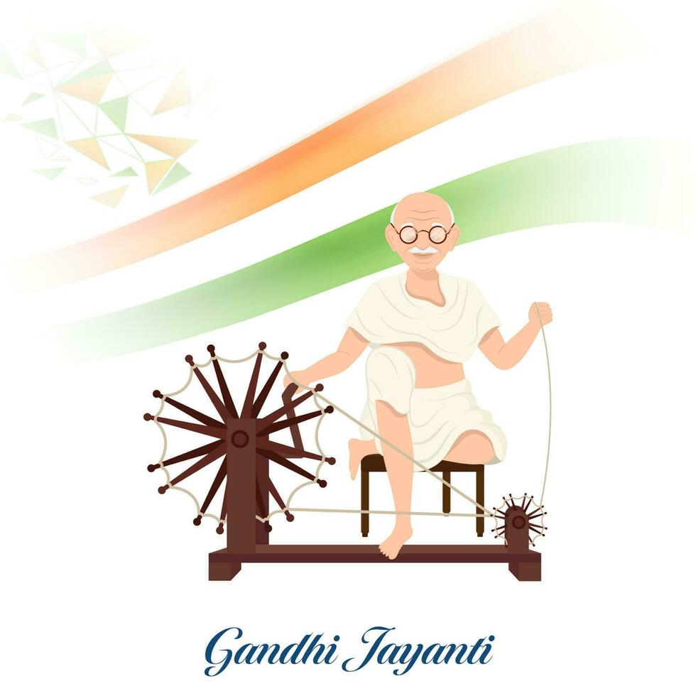 gandhi jayanti concetto con mahatma gandhi Filatura charkha e indiano bandiera nastro su bianca sfondo. vettore