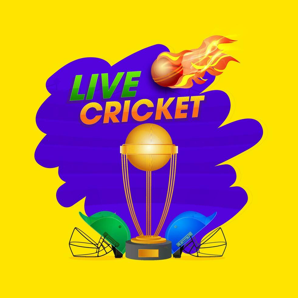 vivere cricket concetto con Due caschi di partecipare squadre, d'oro trofeo tazza, fiammeggiante palla su blu e giallo sfondo. vettore