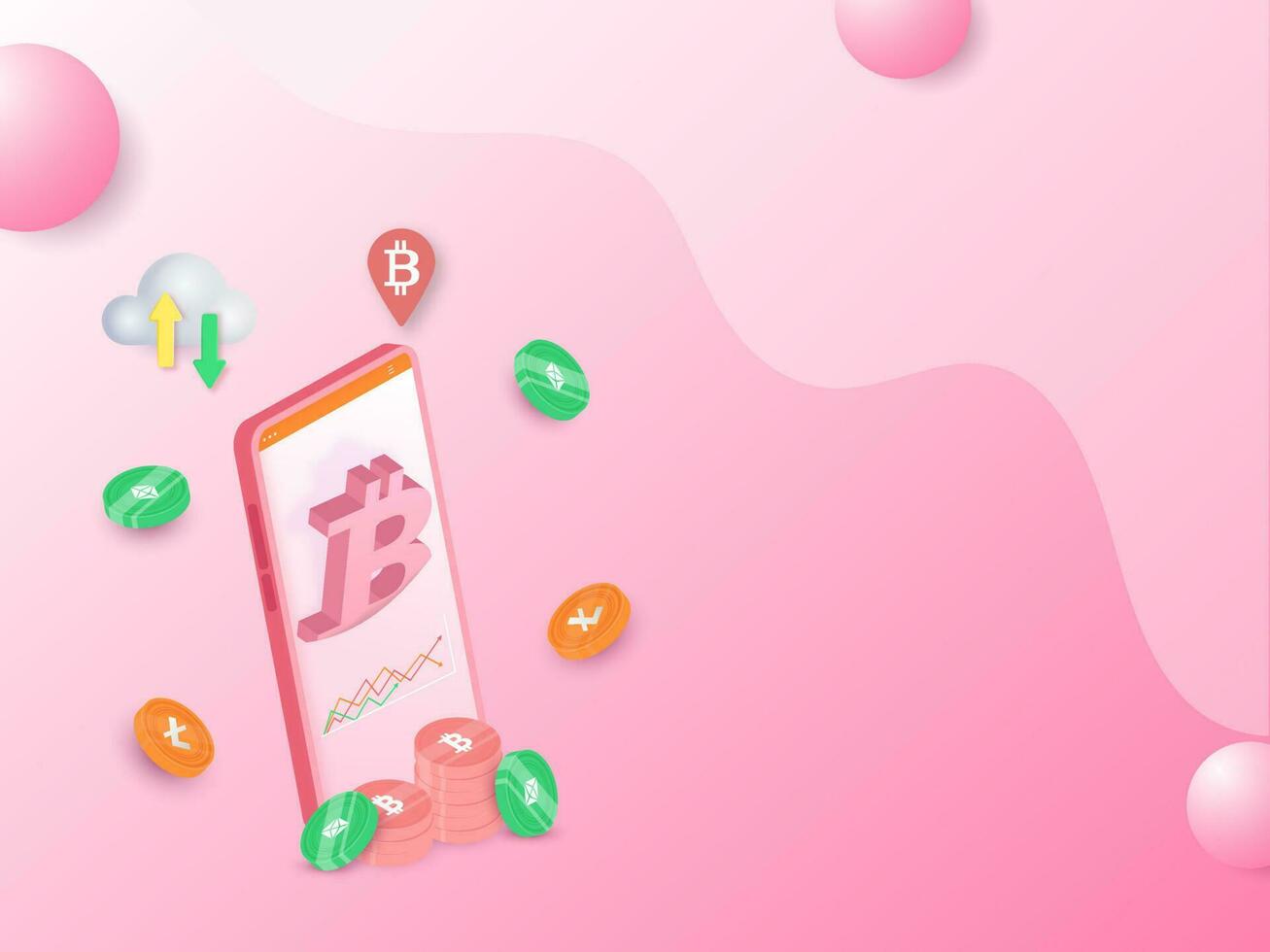 3d interpretazione di smartphone con crypto monete e nube calcolo su rosa sfondo. vettore
