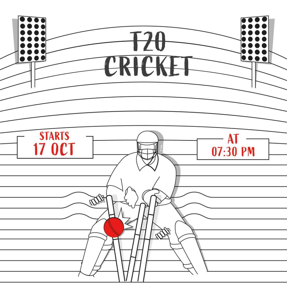 t20 cricket manifesto design con linea arte porticina custode colpire palla per monconi su banda modello stadio sfondo. vettore