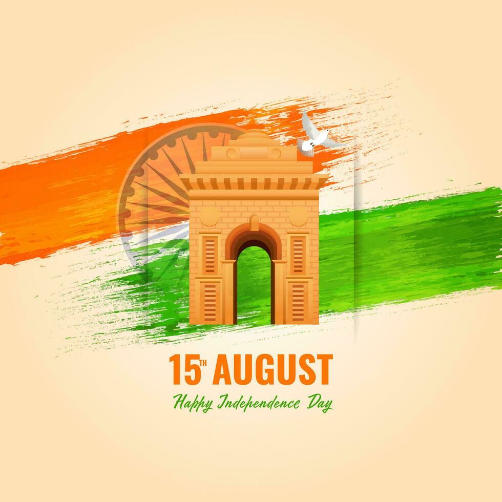 illustrazione di India cancello monumento con colomba volare, zafferano e verde spazzola effetto su Ashoka ruota beige sfondo per 15 agosto, indipendenza giorno concetto. vettore