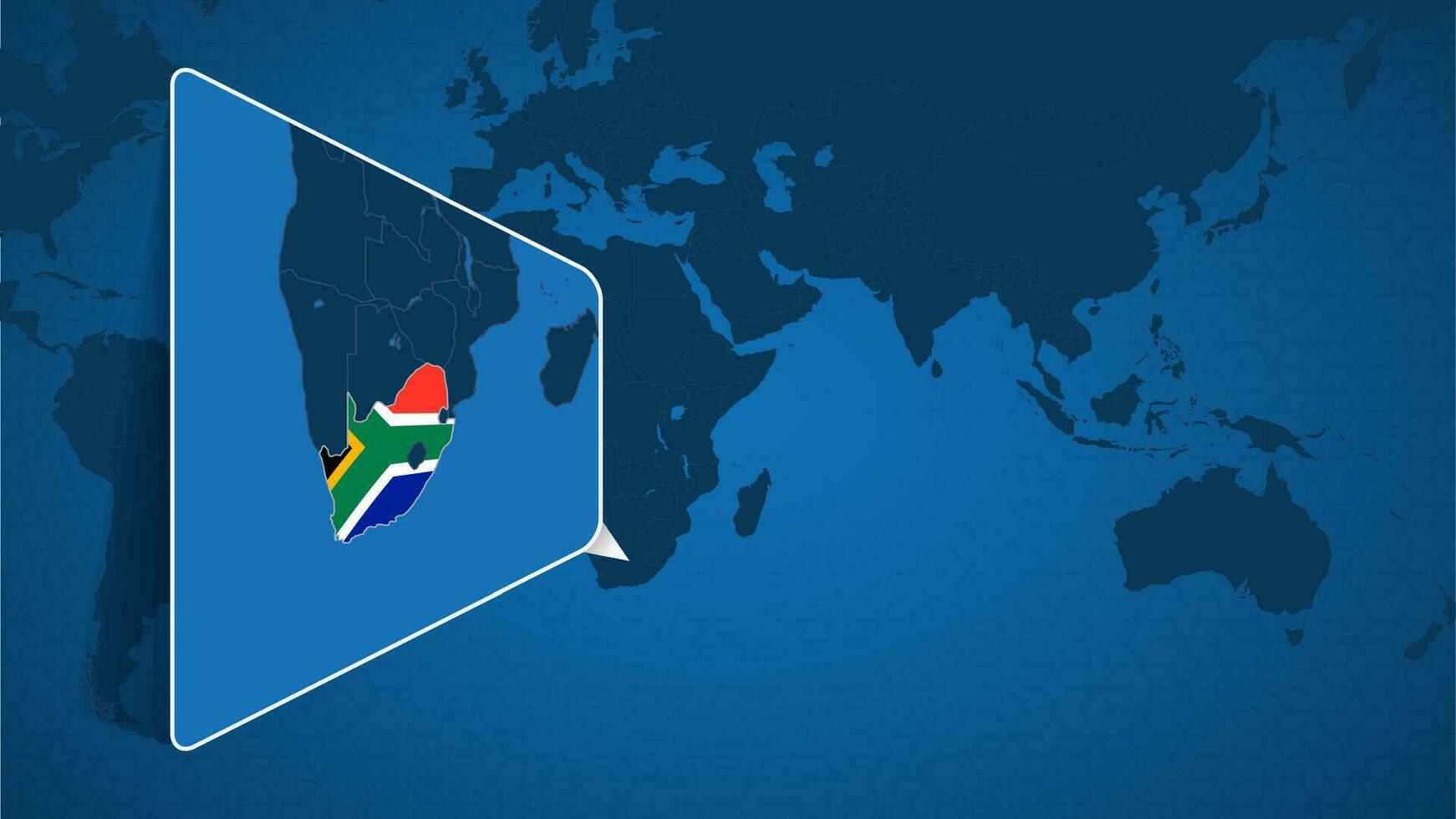 Posizione di Sud Africa su il mondo carta geografica con allargata carta geografica di Sud Africa con bandiera. vettore
