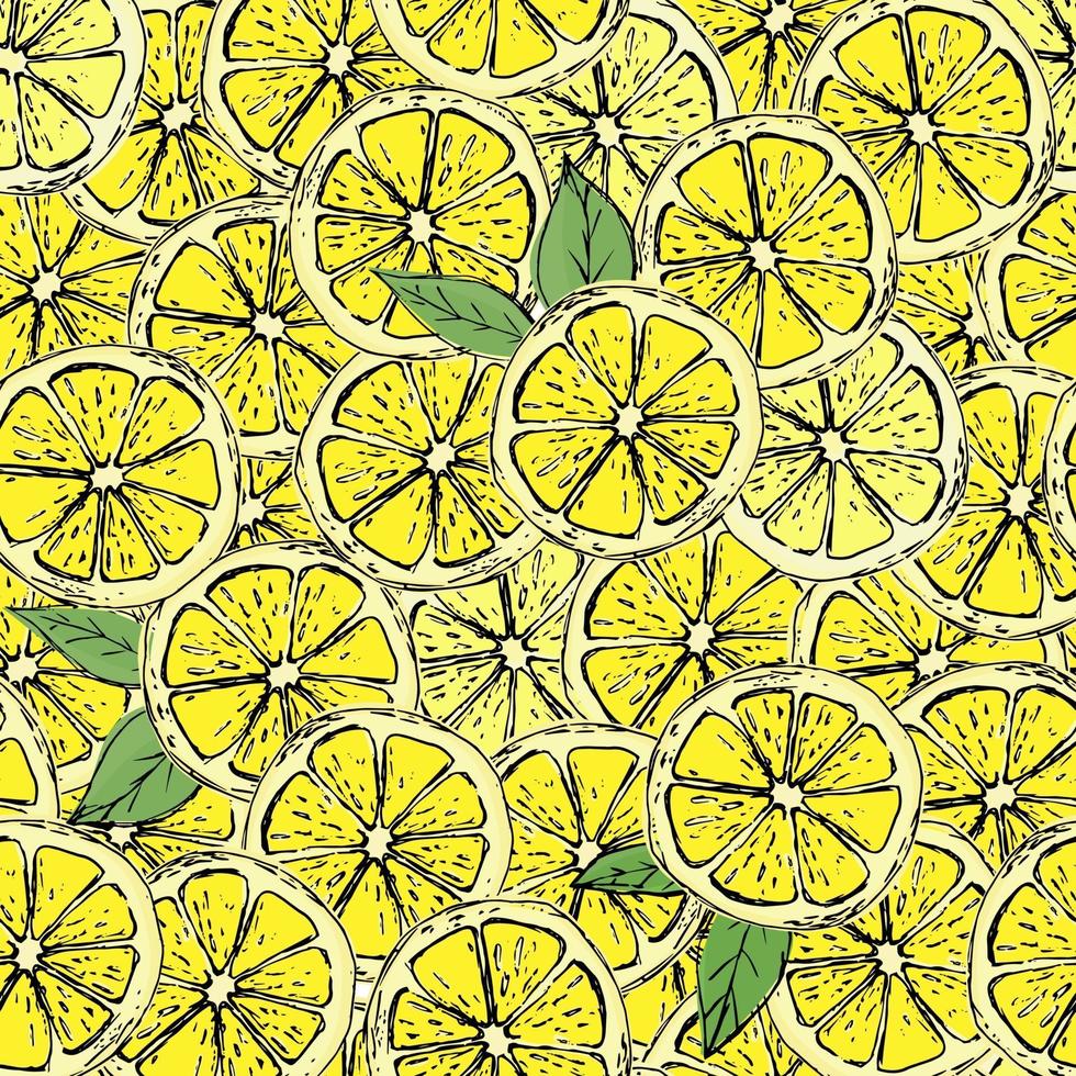 Reticolo senza giunte colorato disegnato a mano di limoni disegnati a mano e foglie verdi. perfetto per manifesti di carta da parati di produzione tessile e web. vettore