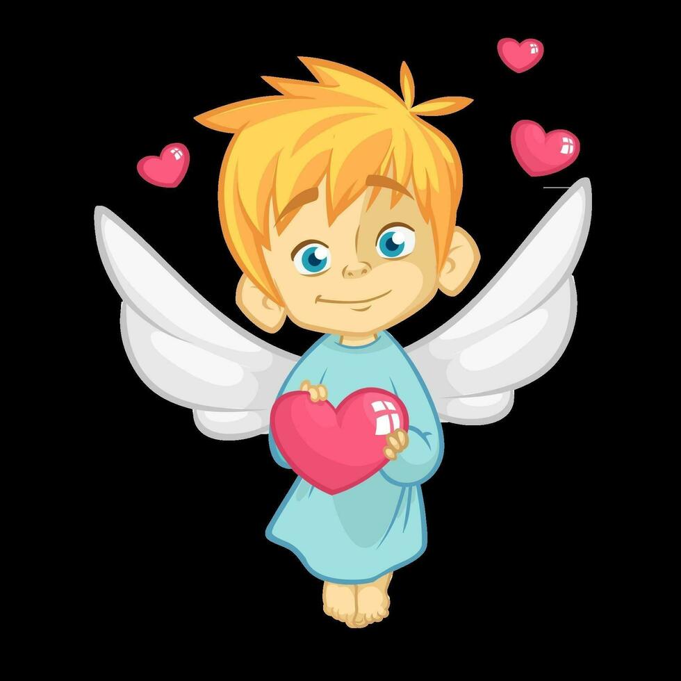 illustrazione di un' bambino Cupido abbracciare un' cuore. cartone animato illustrazione di Cupido personaggio per st San Valentino giorno isolato su bianca vettore