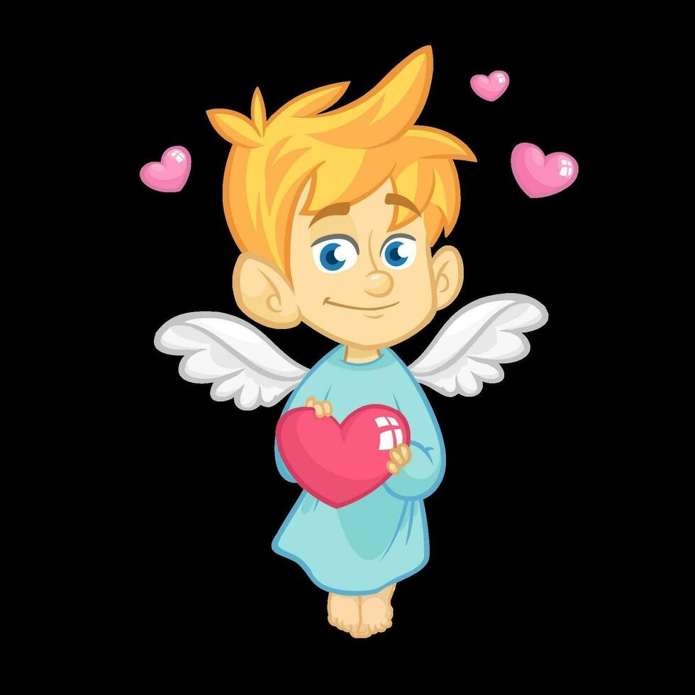 illustrazione di un' bambino Cupido abbracciare un' cuore. cartone animato illustrazione di Cupido personaggio per st San Valentino giorno isolato su bianca vettore