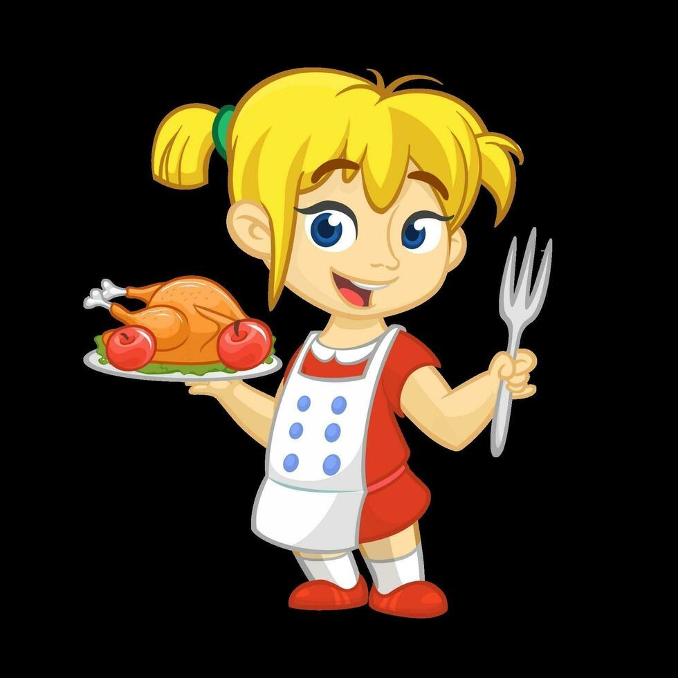 cartone animato ragazza servendo arrostito ringraziamento tacchino piatto. ringraziamento design vettore