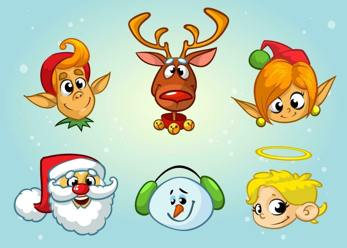 impostato di Natale personaggi. vettore cartone animato testa icone di Santa claus, renna, elfo, pupazzo di neve, angelo