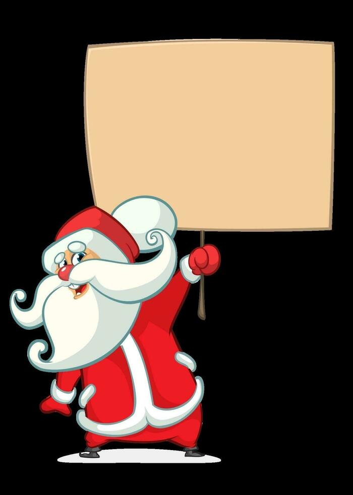 Natale cartone animato illustrazione di divertente Santa Claus personaggio Tenere un' cartello di legno tavola. vettore isolato