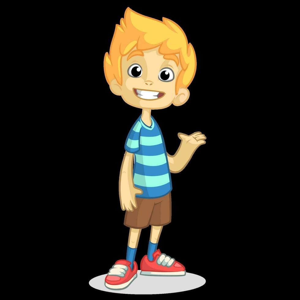 carino bionda ragazzo agitando e sorridente. vettore cartone animato illustrazione di un' adolescente nel un' a strisce blu maglietta presentazione