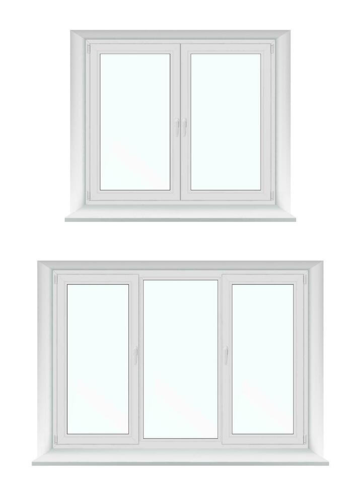 plastica finestre con bianca cornici, bicchiere e davanzali vettore