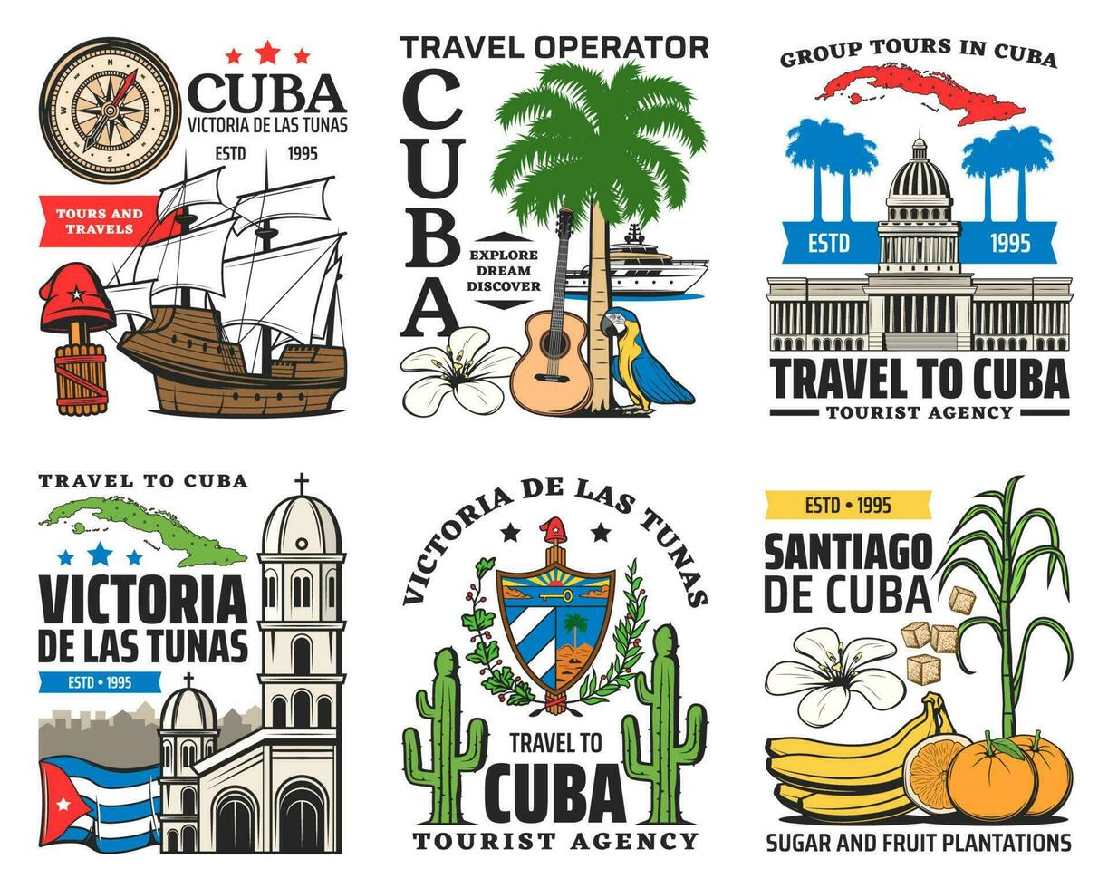Cuba viaggio icone, havana caraibico turismo vettore