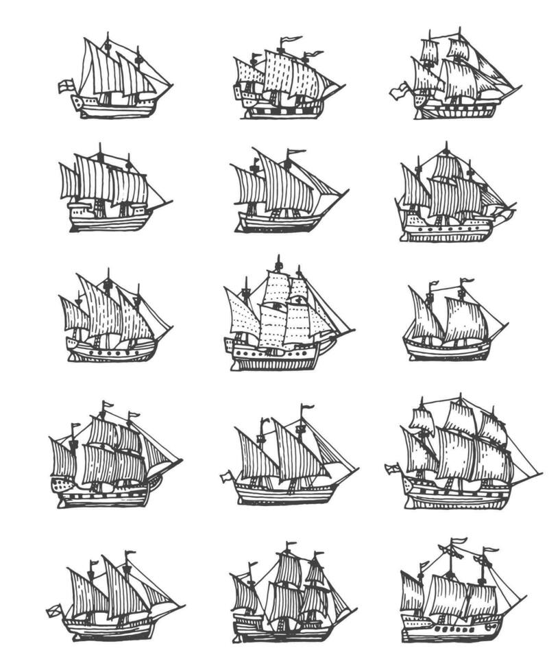 vela nave, barca a vela e brigantino Vintage ▾ schizzo vettore