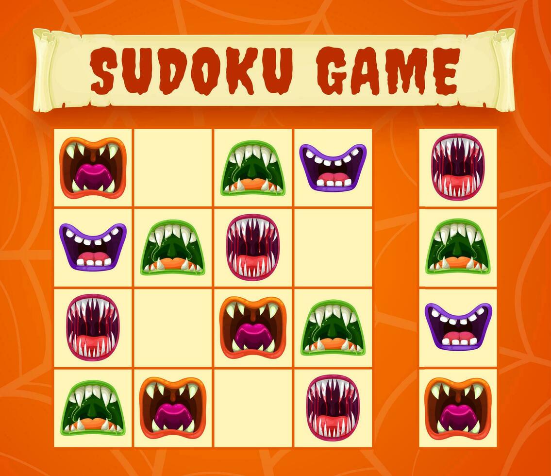 Halloween mostro bocche di sudoku o puzzle gioco vettore
