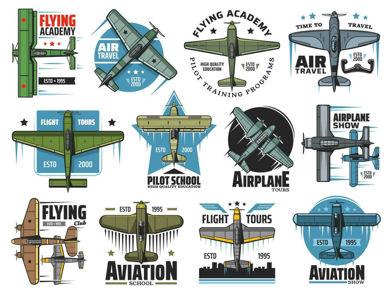 volo scuola vettore icone aviatori accademia etichette