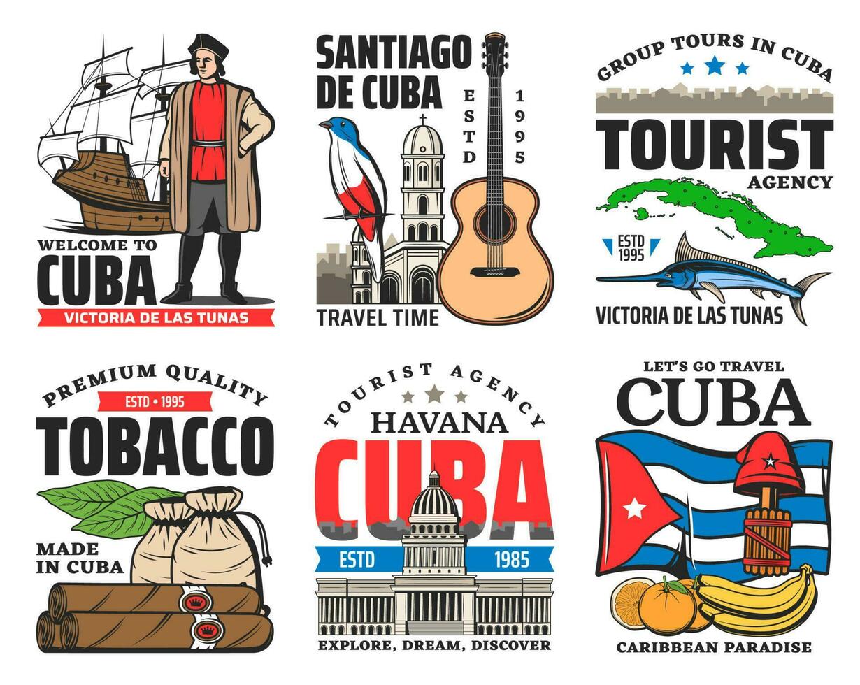Cuba viaggio icone con cubano bandiera, carta geografica, punti di riferimento vettore