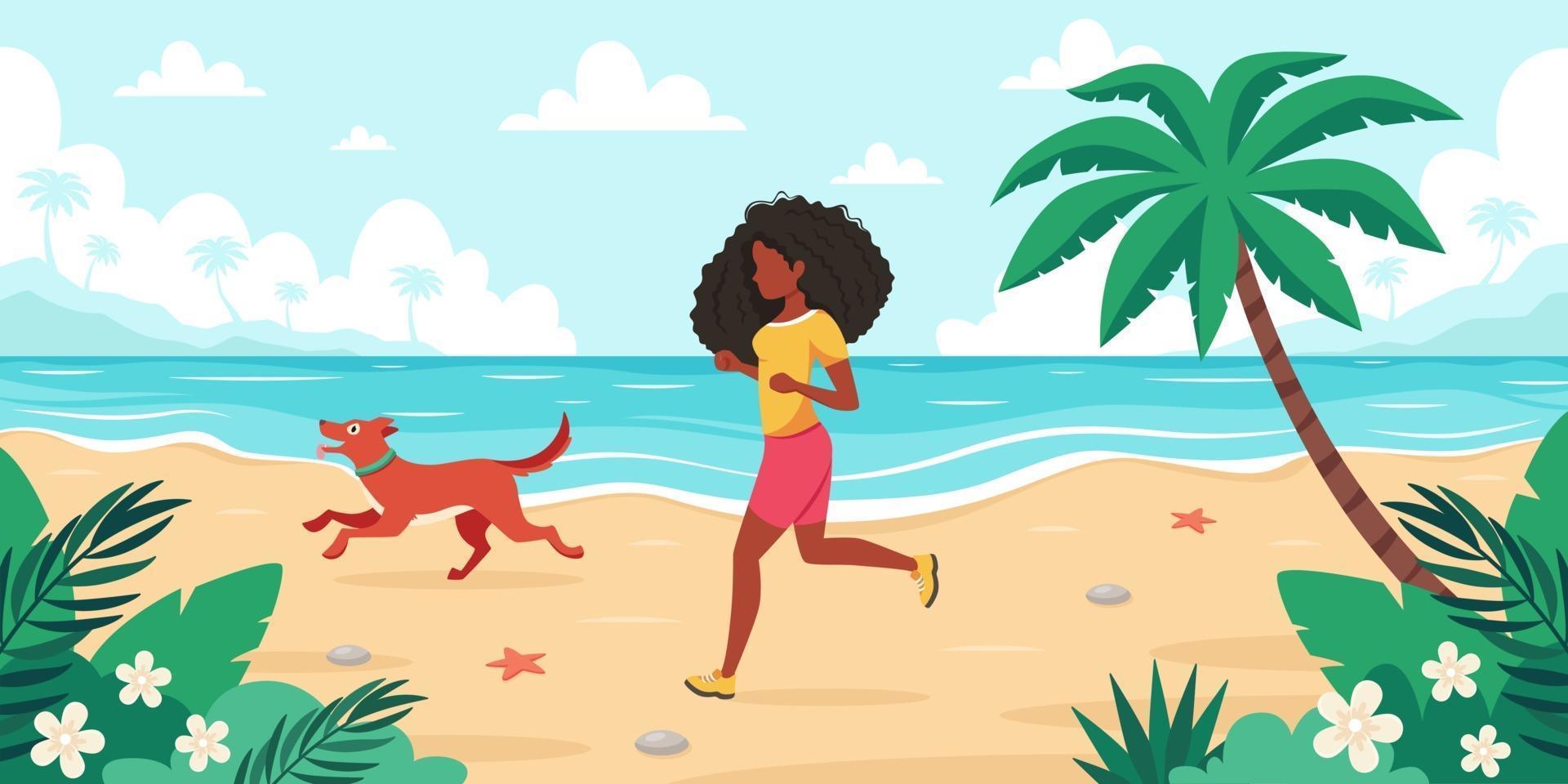 tempo libero sulla spiaggia. donna nera che pareggia con il cane. estate. illustrazione vettoriale
