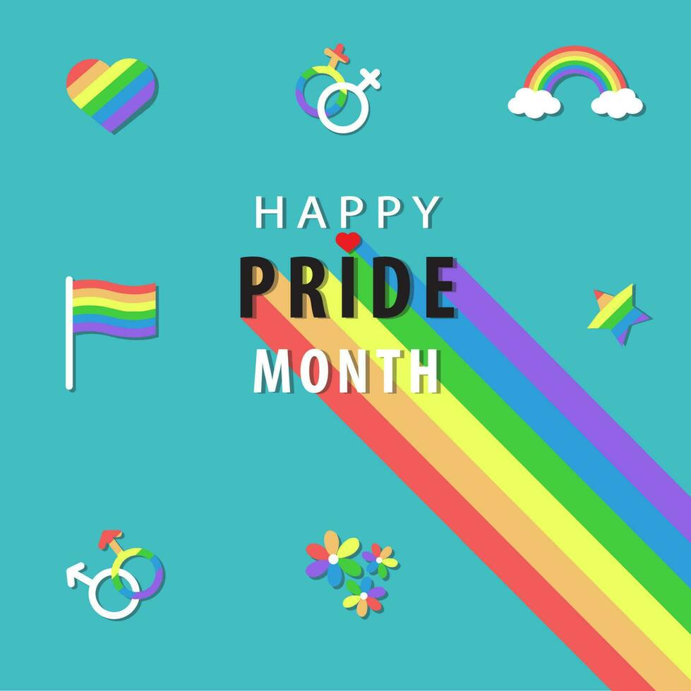contento orgoglio mese con arcobaleno, cartello, simbolo, cuore, bandiera, stella, fiore nel LGBTQ stile vettore su blu sfondo. LGBTQ illustrazione.