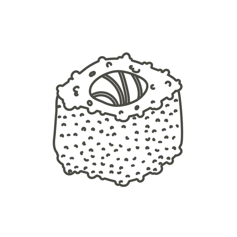 scarabocchio Sushi rotolo con sesamo, giapponese cibo. Sushi rotolo cartone animato stile icona. Sushi isolato su bianca sfondo. vettore cartone animato Sushi. logo, icona. mano disegnare stile Sushi rotoli. asiatico cibo