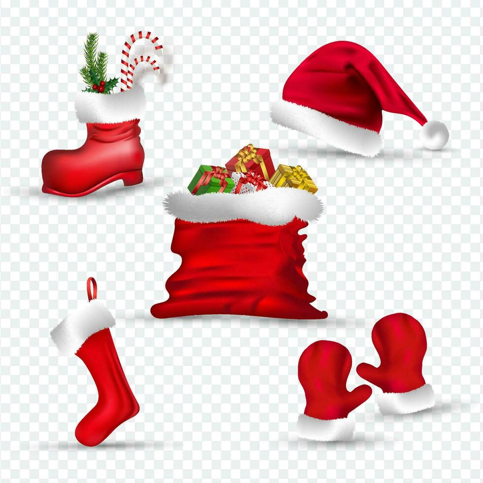 Santa Abiti piace come guanti, calzino, cappello, stivale e regalo sacco su png sfondo. vettore