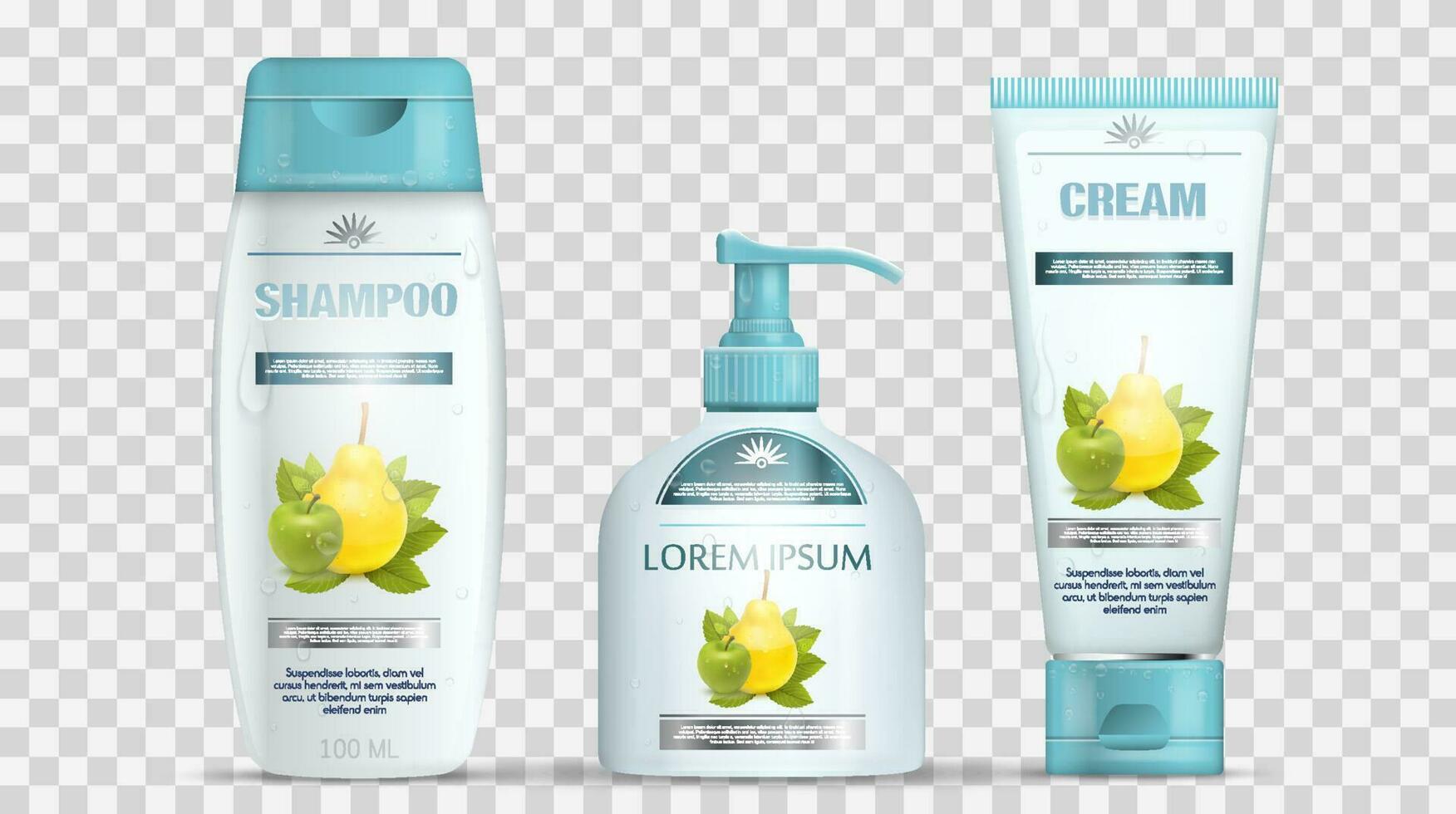 shampoo confezione, crema tubo, sapone bottiglia con acqua gocce modello design. cosmetico marca modello. corpo cura prodotti. vettore illustrazione.