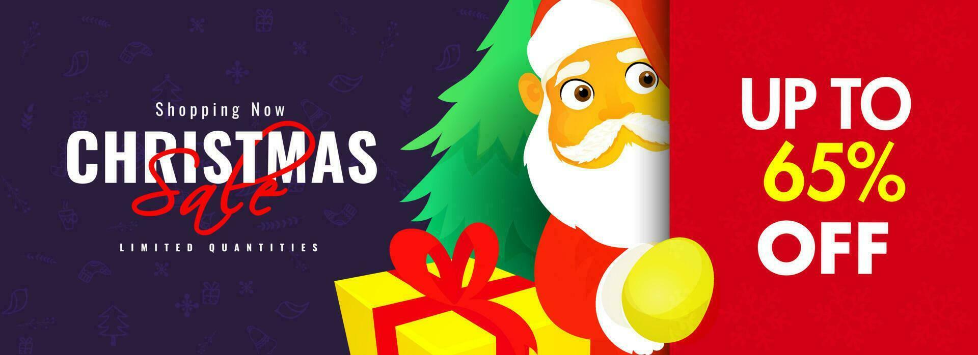 sito web intestazione o bandiera design con carino babbo natale, natale albero illustrazione e sconto offrire per Natale saldi. vettore