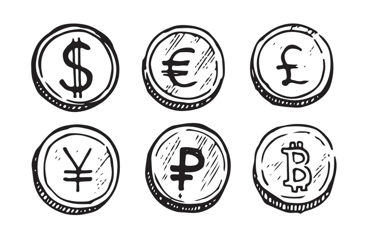 monete di il dollaro , Euro, rublo, bitcoin. mano disegnato collezione isolato su bianca sfondo. vettore illustrazione.