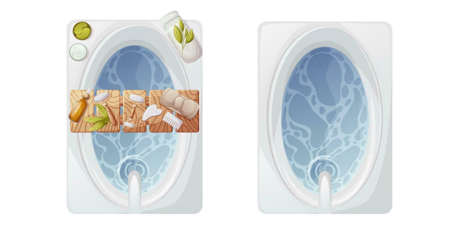 impostato di vasca da bagno pieno con acqua. elementi per rilassamento. di legno In piedi con gua sha Strumenti, fascia per capelli, olio siero, occhio cerotti, crema e asciugamano. superiore Visualizza. Salute e bellezza. di moda vettore illustrazione