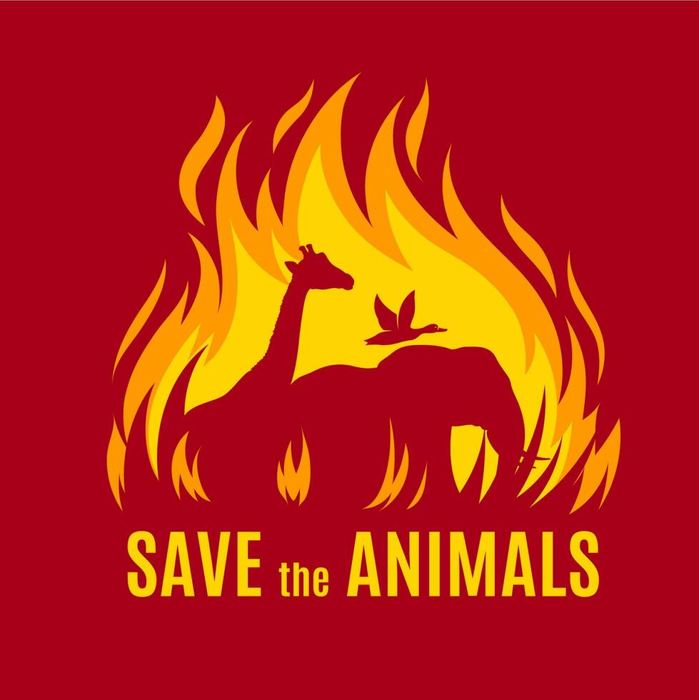 Salva animali vettore manifesto con ardente fuoco.