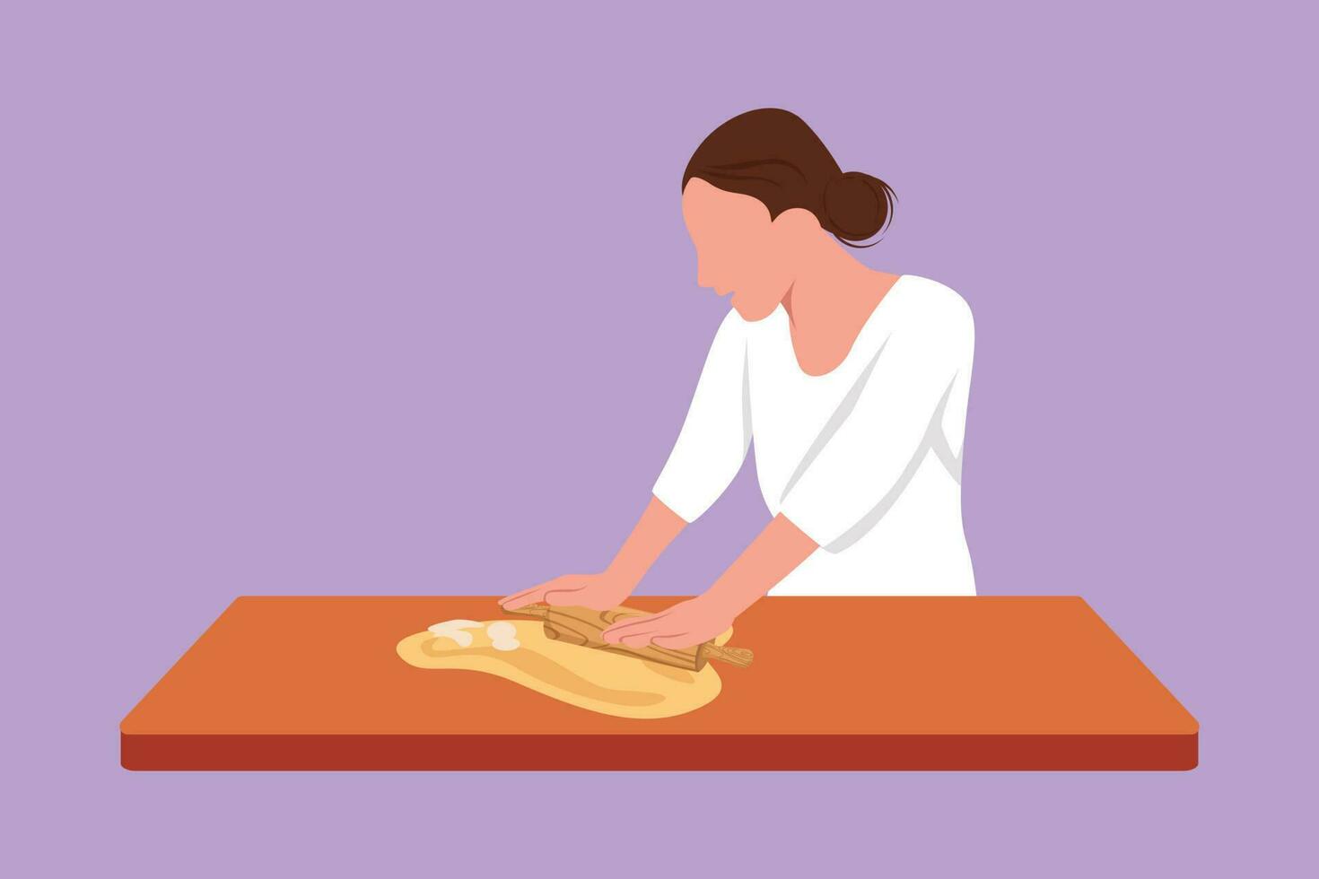 grafico piatto design disegno carino donna fabbricazione biscotto Impasto utilizzando rotolamento perno a cucina tavolo. contento moglie fabbricazione forno e fatti in casa Pizza per famiglia cena a casa. cartone animato stile vettore illustrazione