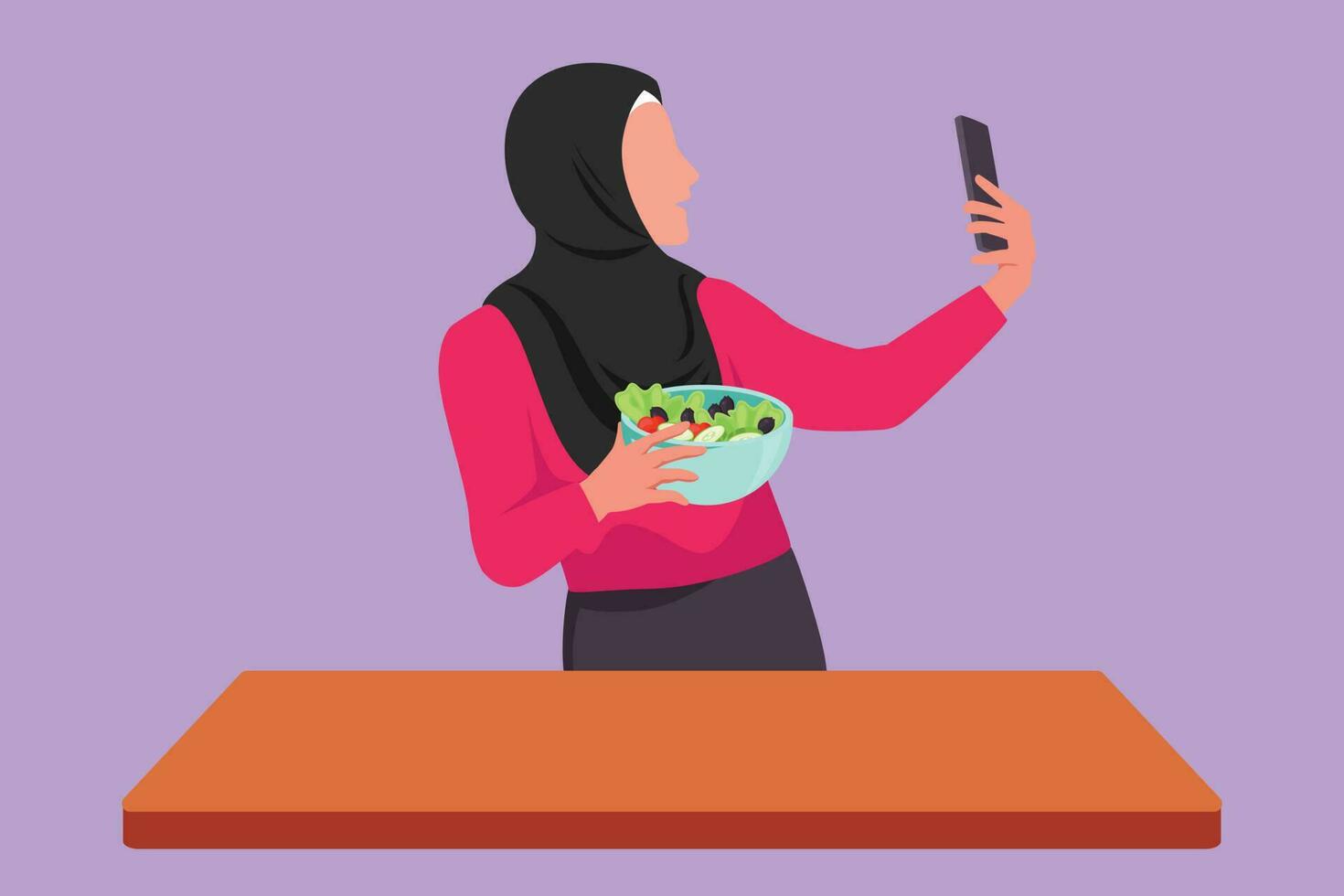 personaggio piatto disegno femmina assunzione autoscatto o fabbricazione video chiamata utilizzando smartphone mentre impiattamento fresco insalata. arabo donna cucinando salutare cibo o nutrizione pasto. cartone animato design vettore illustrazione