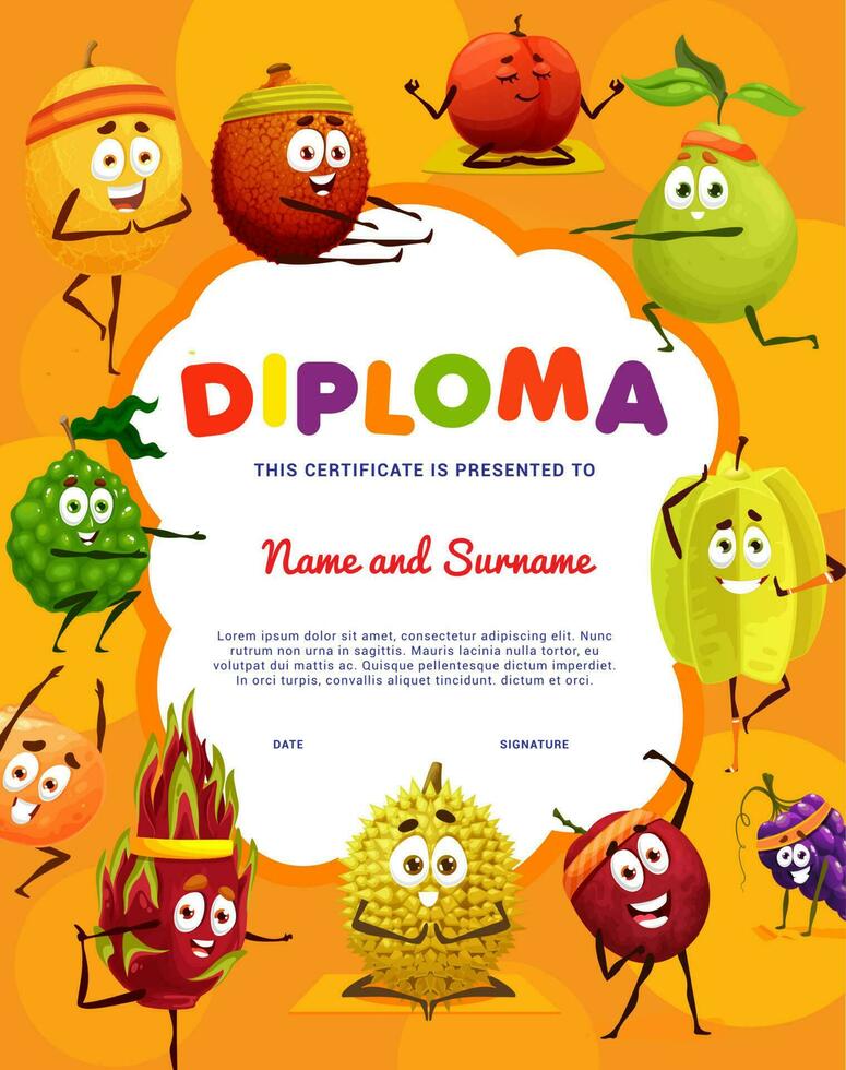 bambini diploma. divertente cartone animato frutta su fitness yoga vettore