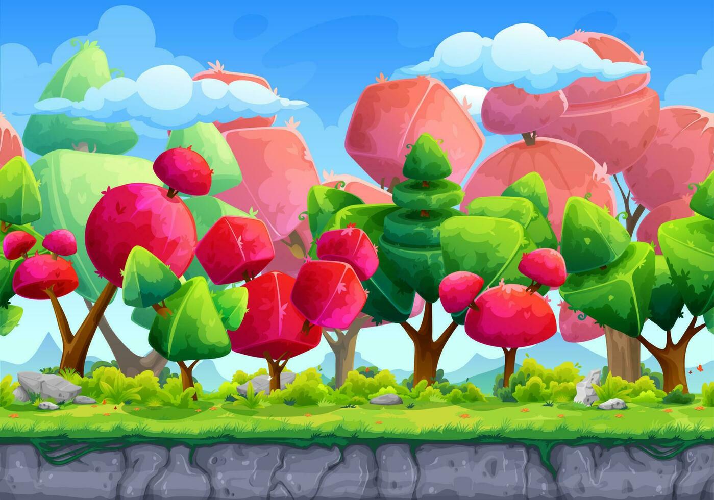 cartone animato fantasia gioco foresta paesaggio scena vettore