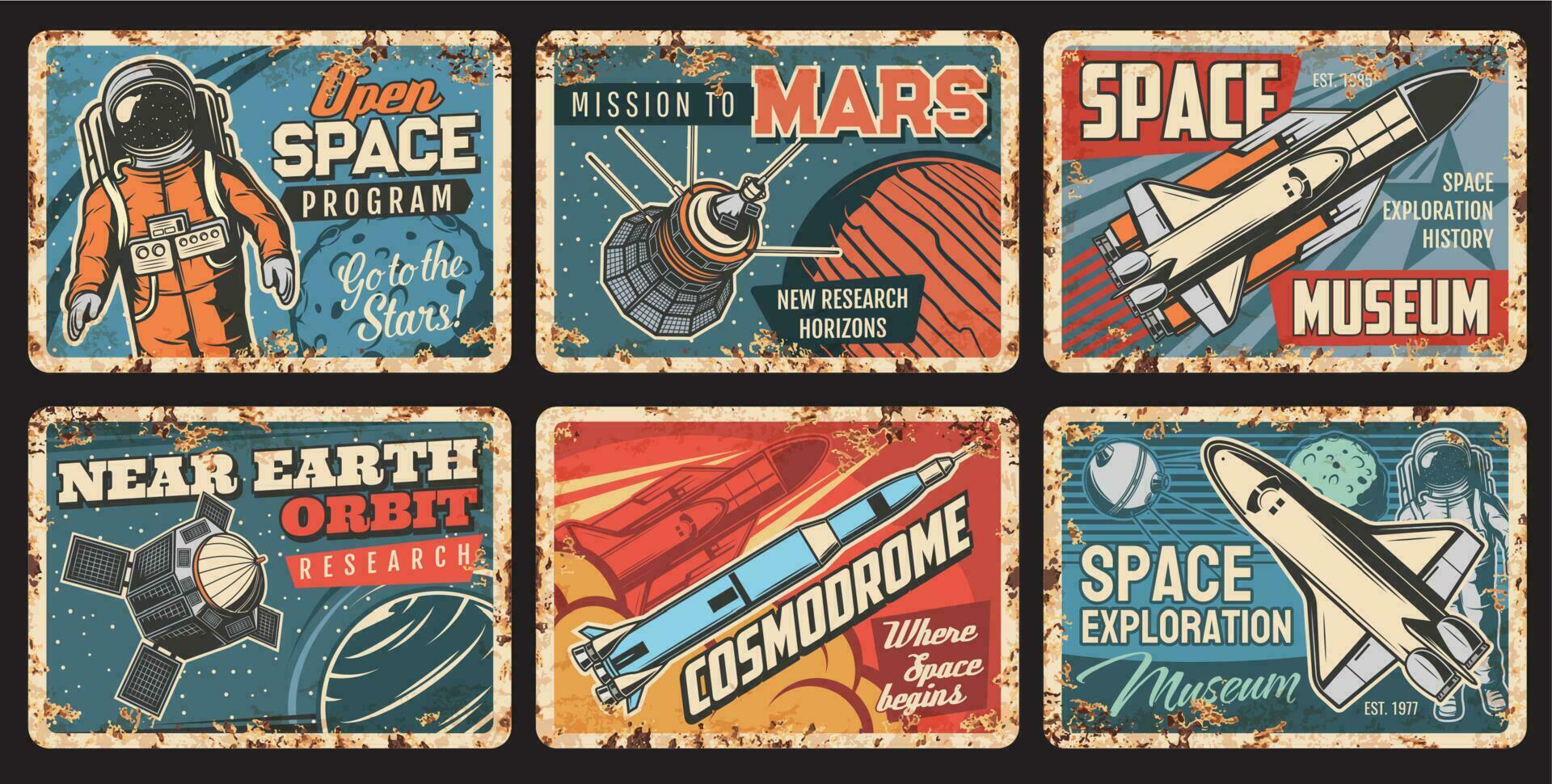 spazio metallo piatti, razzi, astronauta e pianeti vettore