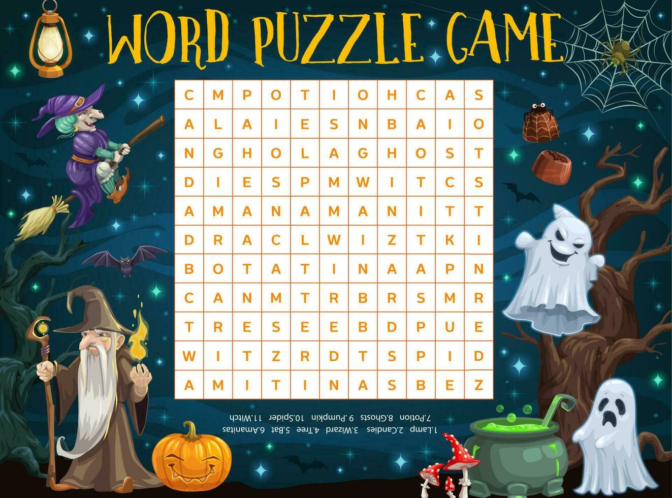 Halloween parola puzzle foglio di lavoro, cartone animato streghe vettore