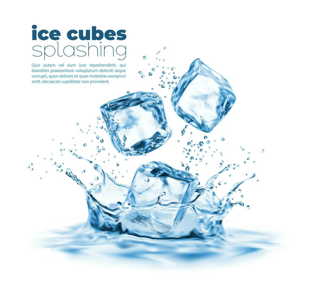 realistico ghiaccio cubi e corona acqua spruzzo design vettore