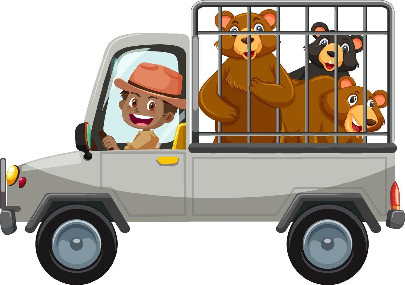 concetto di zoo con il gruppo di orso nell'auto della gabbia isolato su sfondo bianco vettore