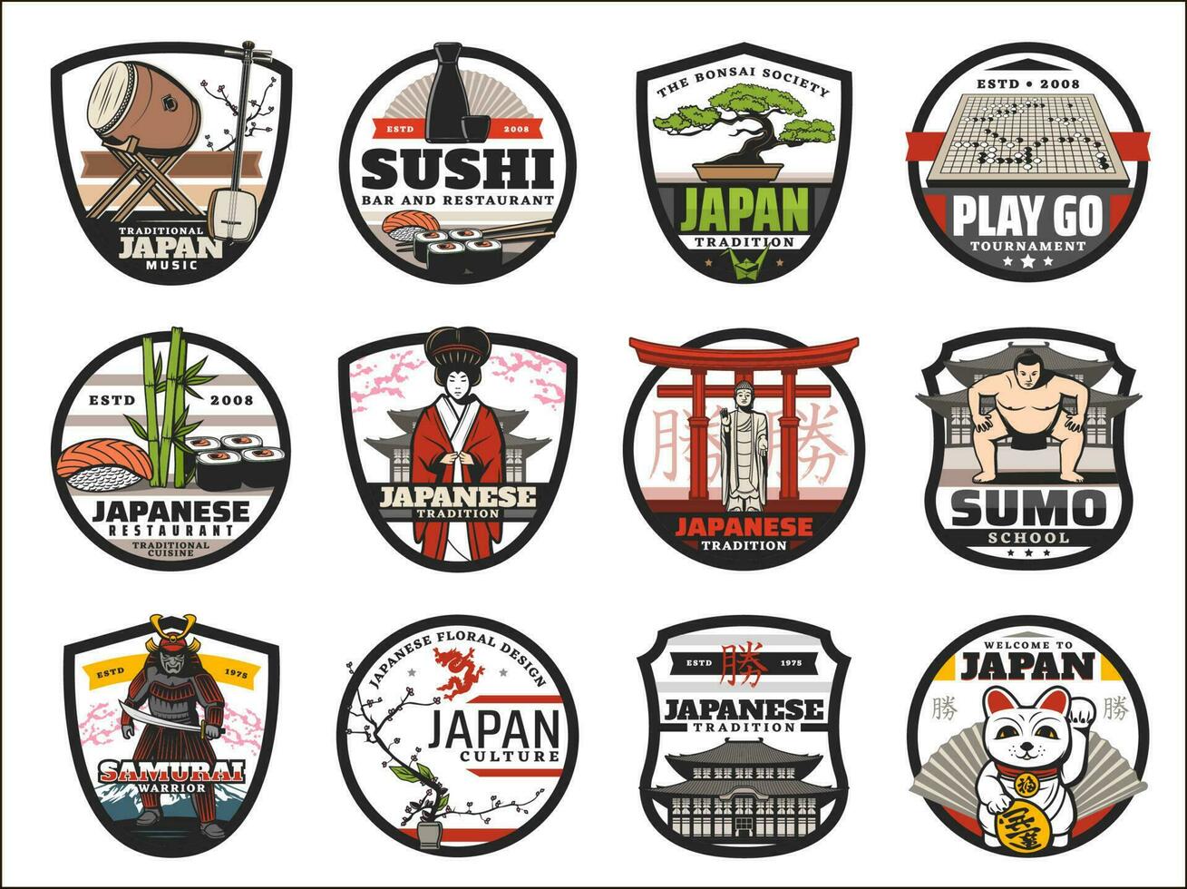 Giappone icone, giapponese Sushi cibo, bonsai, samurai vettore