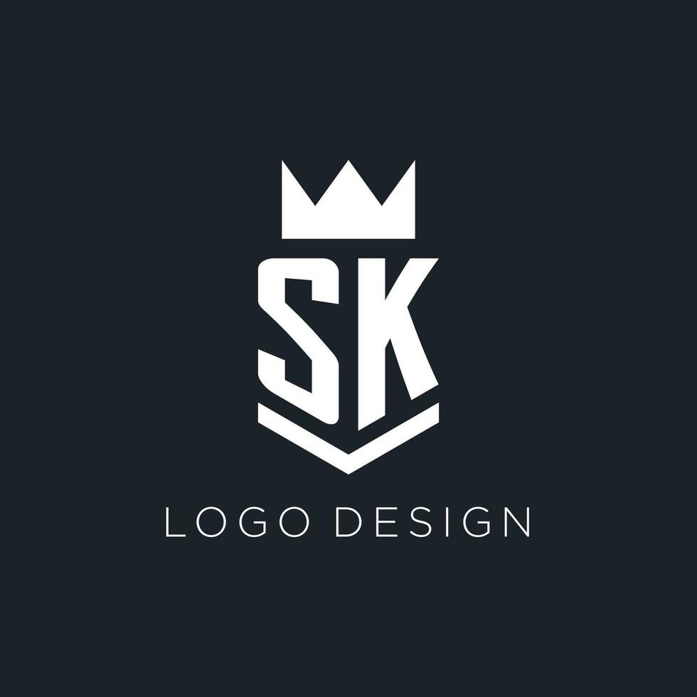 sk logo con scudo e corona, iniziale monogramma logo design vettore