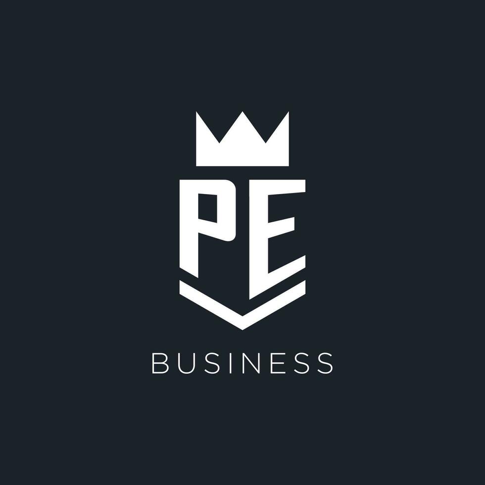 pe logo con scudo e corona, iniziale monogramma logo design vettore