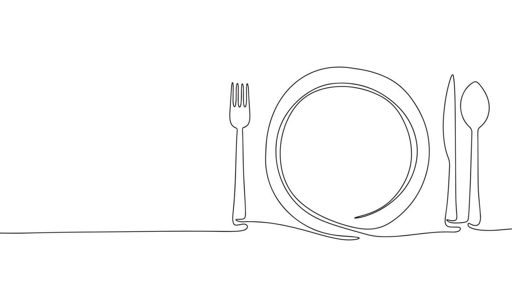 uno linea continuo concetto per ristorante o bar menù. forchetta, piatto, coltello, cucchiaio. vettore linea arte schema illustrazione.