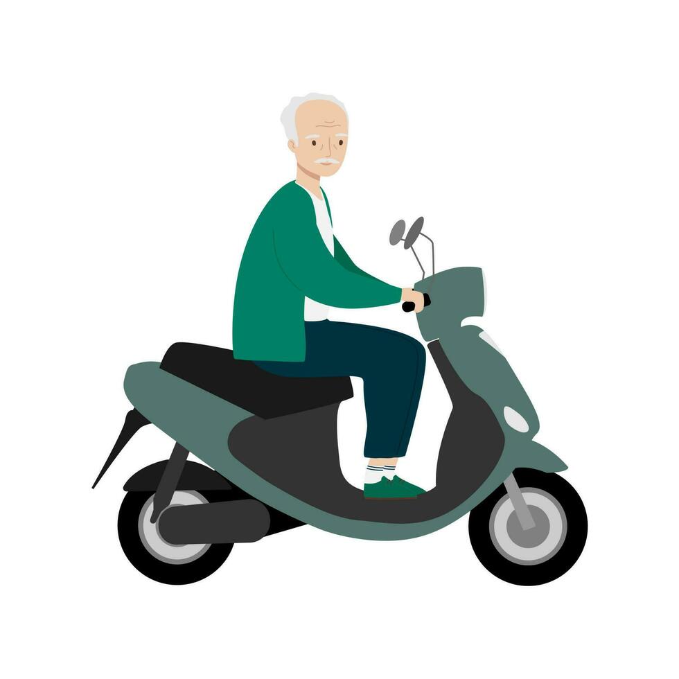 anziano uomo in viaggio su moderno il motore scooter. vecchio uomo equitazione elettrico scooter. isolato vettore illustrazione